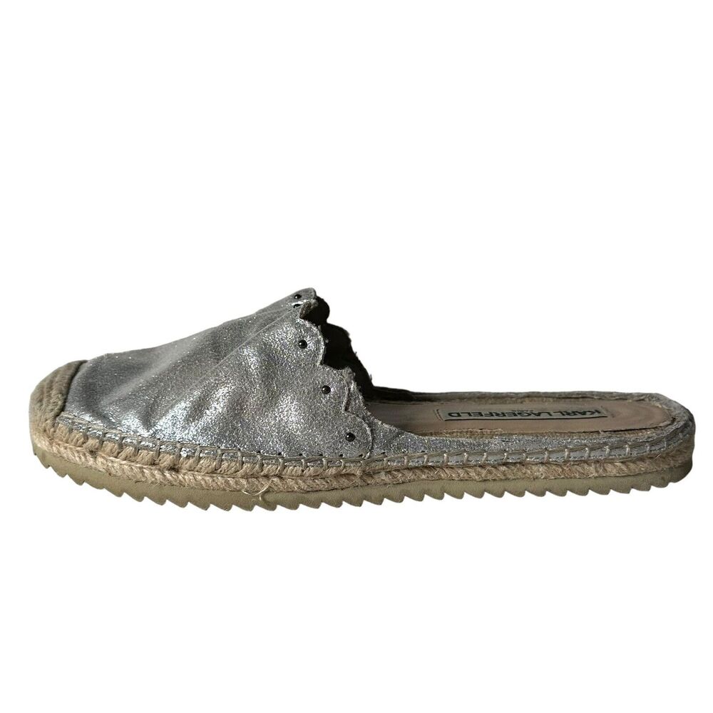 Karl Lagerfeld‎ Metallic Silver Espadrille Slides Slip on Shoes Women Size 7.5